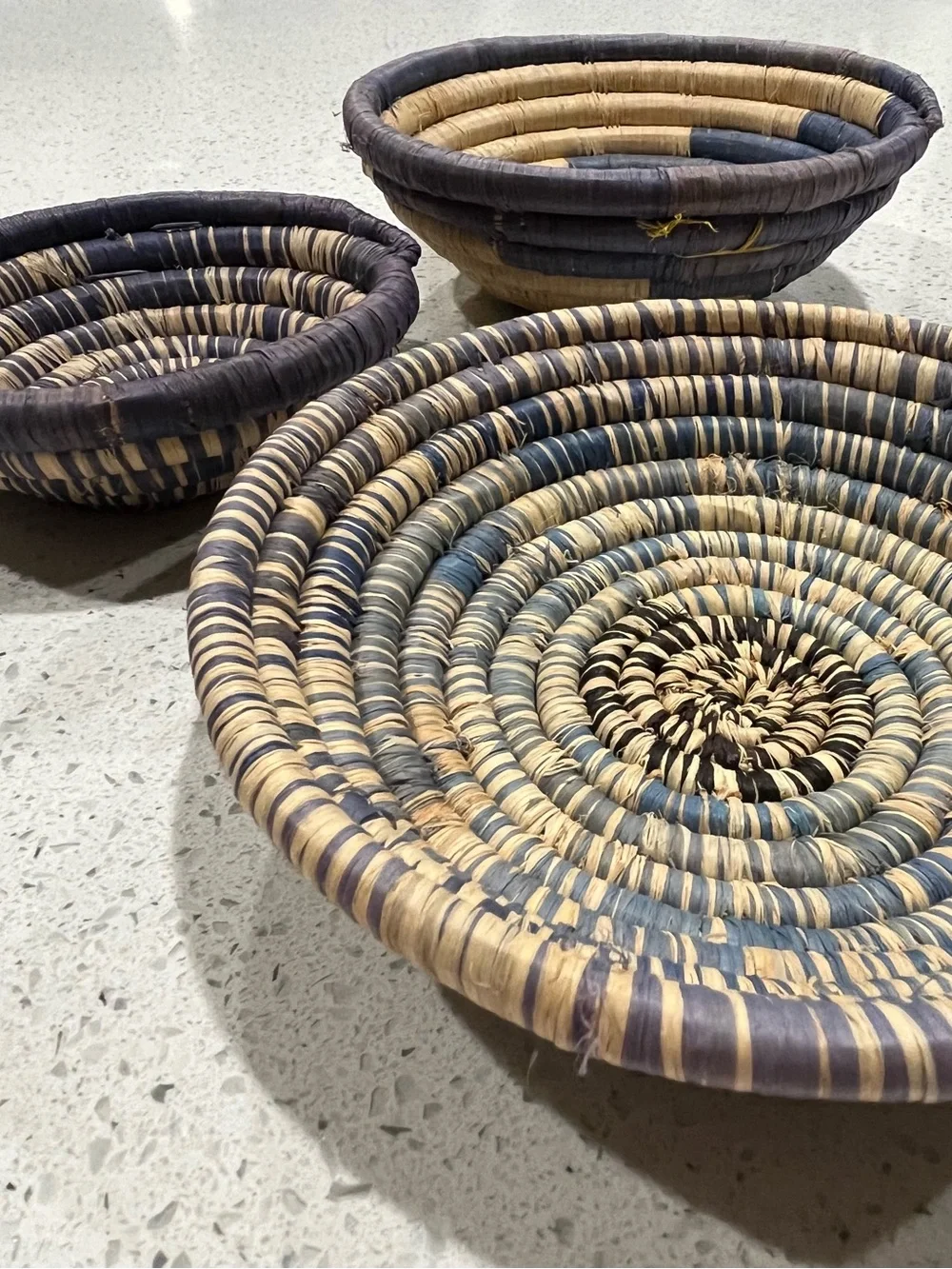 African Uganda Woven Bowl Set (3)- Coastal Light Purple Woven Blues & White